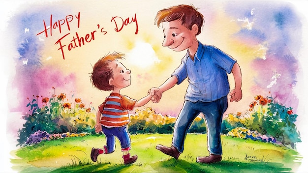 ein Aquarellgemälde von einem Vater und Sohn, die sich die Hände halten