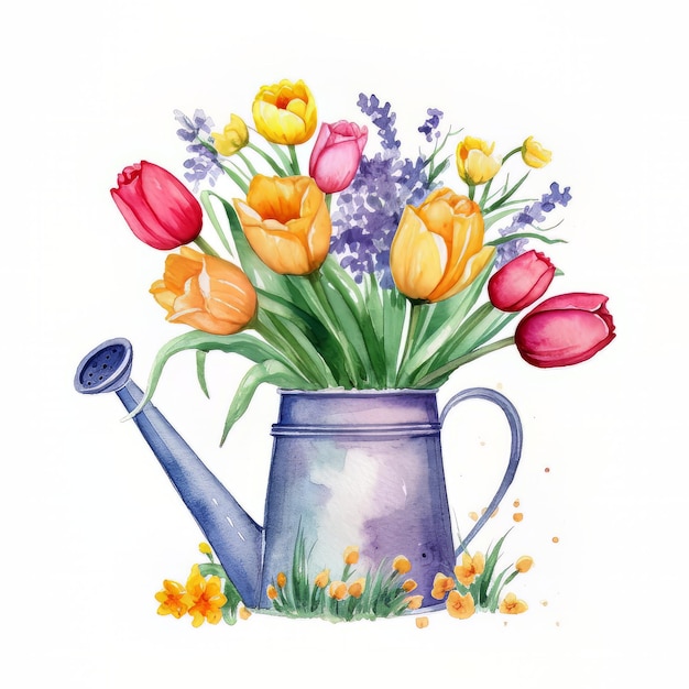 Ein Aquarellgemälde von einer Bewässerungsdose mit Tulpen und einer Bewassungsdose.