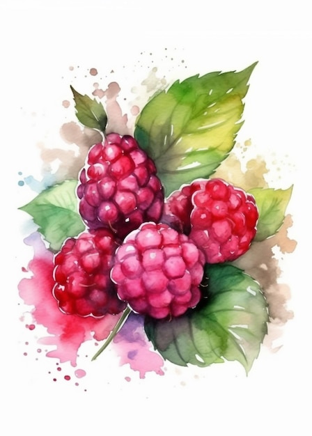 Foto ein aquarellgemälde von himbeeren mit grünen blättern.