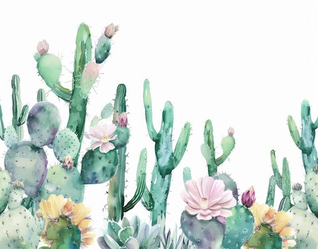 ein Aquarellgemälde von Kaktus und Blumen