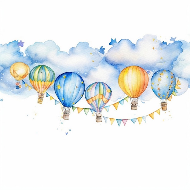 ein Aquarellgemälde von Luftballons am Himmel mit der Aufschrift „Heißluftballon“.