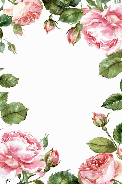 Ein Aquarellgemälde von rosa Blumen mit grünen Blättern Die Blumen sind in einem Kreis angeordnet, wobei eine von ihnen die größte ist Das Gemälde hat ein weiches, zartes Gefühl