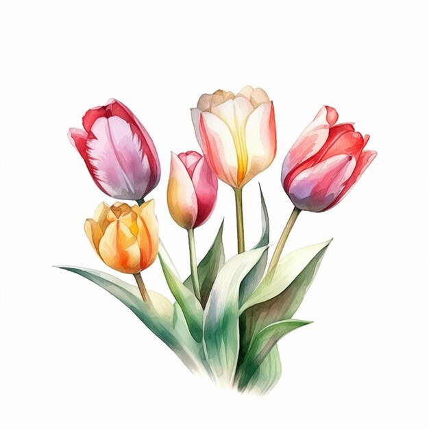 Ein Aquarellgemälde von Tulpen auf weißem Hintergrund.