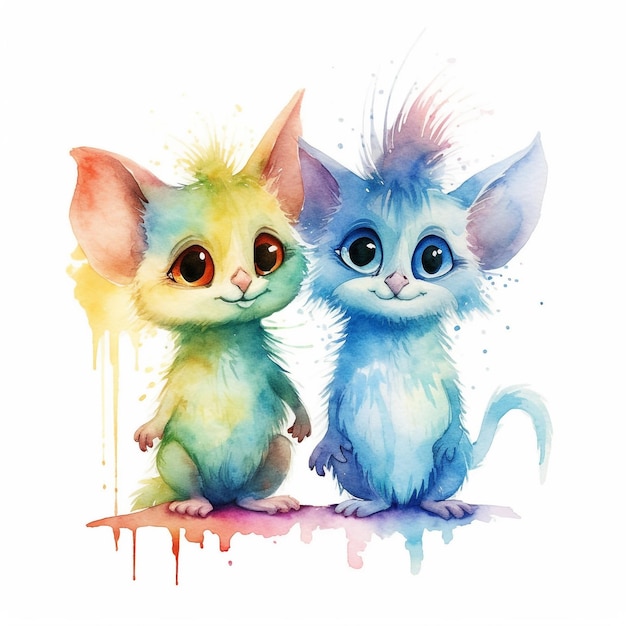 Ein Aquarellgemälde von zwei Katzen mit verschiedenfarbigen Augen.