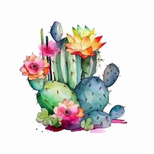 Ein Aquarellkaktus mit Blumen und Blättern. Aquarell-Illustration.