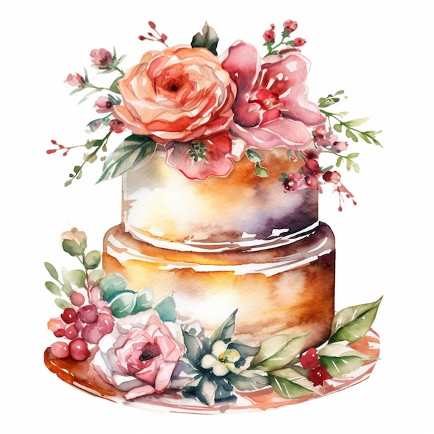 Ein Aquarellkuchen mit Blumen und Beeren.