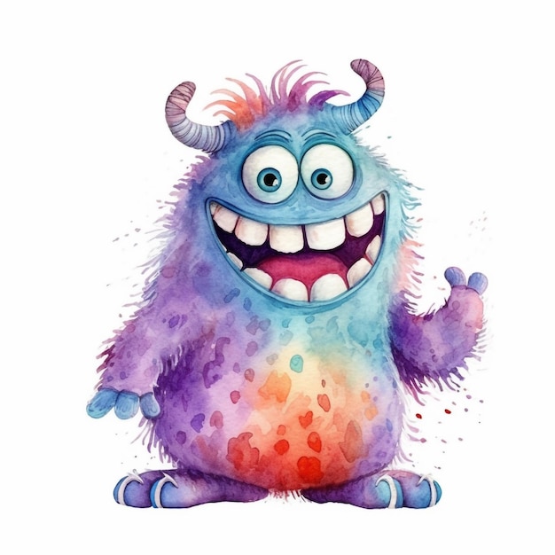 Ein Aquarellmonster mit Regenbogen und lila Schwanz winkt.