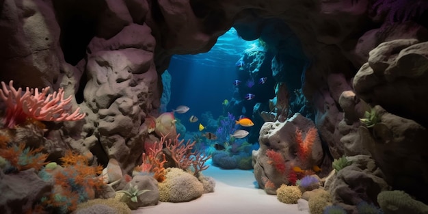 Ein Aquarium mit blauem Hintergrund und einem Fisch darin