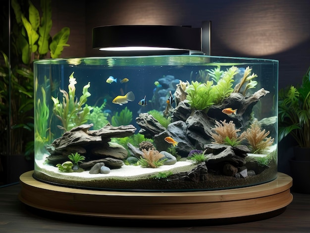 Ein Aquarium mit Pflanzen und Steinen darin auf einem Tisch neben einer Pflanze