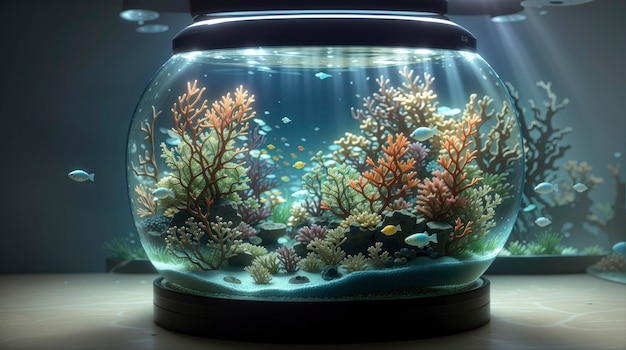 Ein Aquarium mit vielen Fischen darin und einem Licht, das auf den Boden scheint