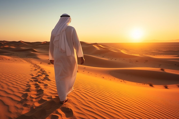 Foto ein arabischer mann geht bei sonnenuntergang in dubai in den vereinigten arabischen emiraten durch die wüste