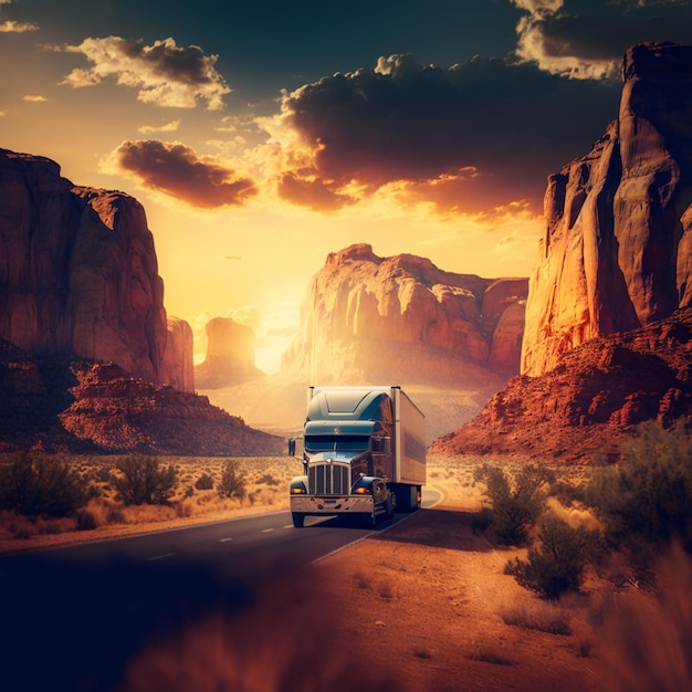 ein Araf-LKW fährt auf einer Straße in der Wüste mit einem Berg im Hintergrund