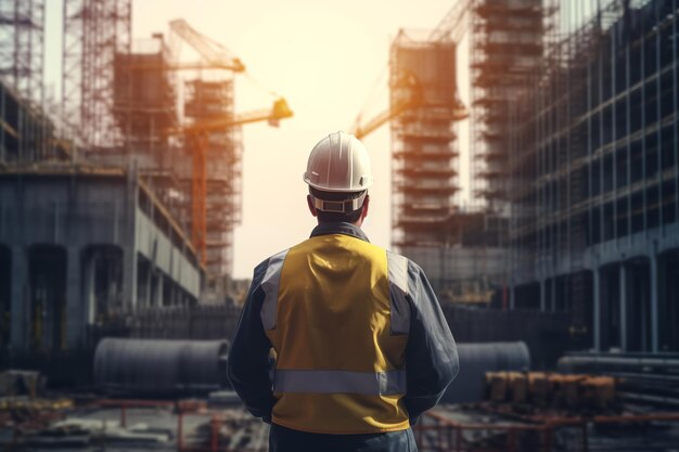 ein arbeitender Baumeister in einem Schutzhelm steht vor dem Hintergrund einer Baustelle oder einer Industrieanlage.