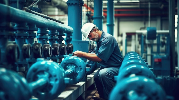 Ein Arbeiter an einer Wasserversorgungsstation inspiziert Wasserpumpenventile in einem Umspannwerk für die Verteilung von sauberem Wasser in einem großen Industriegebiet. Wasserleitungen. Generative KI