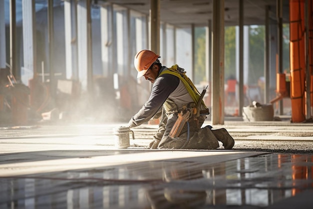 Foto ein arbeiter, der eine harte mütze trägt, arbeitet auf einer baustelle