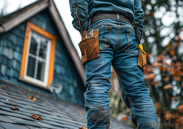 Ein Arbeiter, der einen offenen Werkzeuggürtel trägt, zeigt Werkzeuge und hält seine Hand in der Tasche der Jeans, während er auf einem Haushintergrund steht