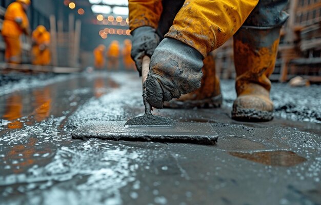 Foto ein arbeiter, der nassen beton auf einen zementboden schlägt