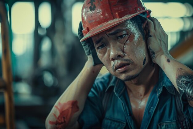 Foto ein arbeiter fühlt schmerzen und verletzungen durch einen unfall in einer industriefabrik, während sein mitarbeiter notfallhilfe und hilfe anbietet.