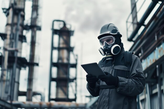 Ein Arbeiter in einem Gasmaskenhelm mit einem Tablet in den Händen auf dem Hintergrund eines Industriekomplexes