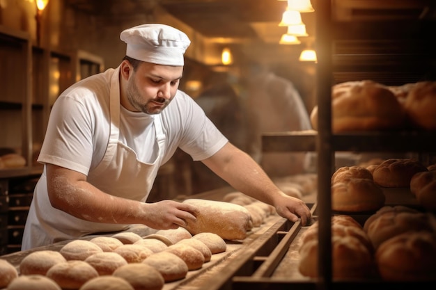 Ein Arbeiter in einer Bäckerei nimmt frisches Brot aus dem Ofen Industrieproduktion