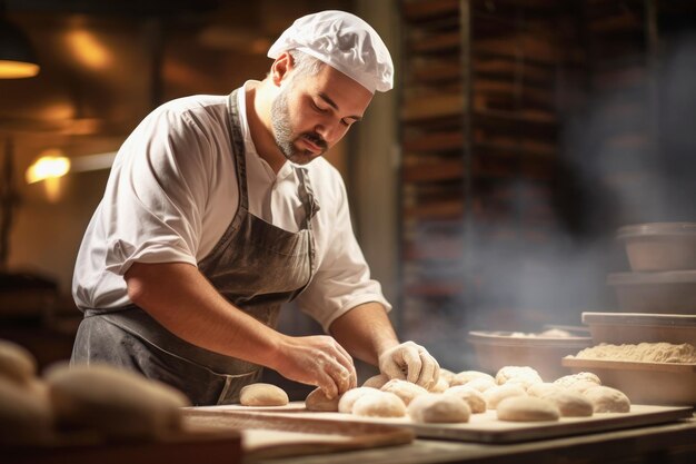 Ein Arbeiter in einer Bäckerei nimmt frisches Brot aus dem Ofen Industrieproduktion