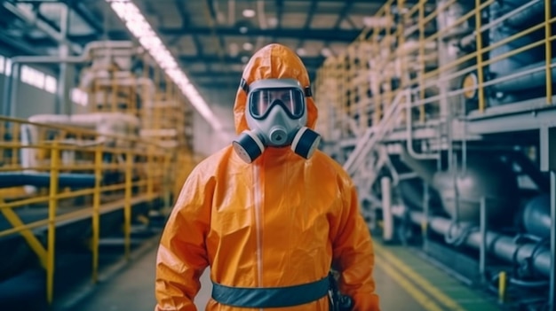 Ein Arbeiter in einer chemischen Industrie, der die Reinheit von Chemikalien beurteilt, trägt eine Gasmaske und einen Schutzanzug. Generative KI wird im Hintergrund von Säurelagertanks und industriellen Innenräumen eingesetzt