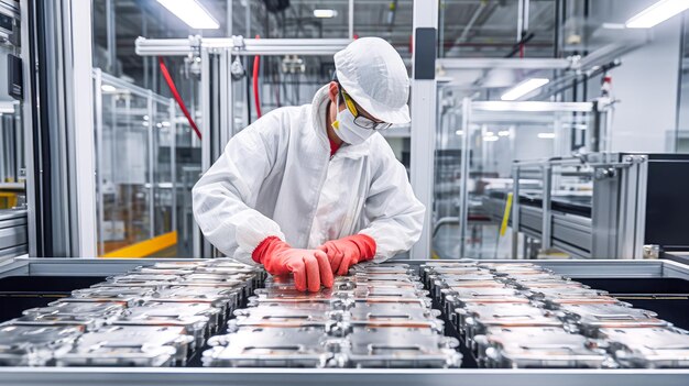 Ein Arbeiter in einer Fabrik, der eine Gesichtsmaske und Handschuhe trägt, bearbeitet ein Stück Metall.