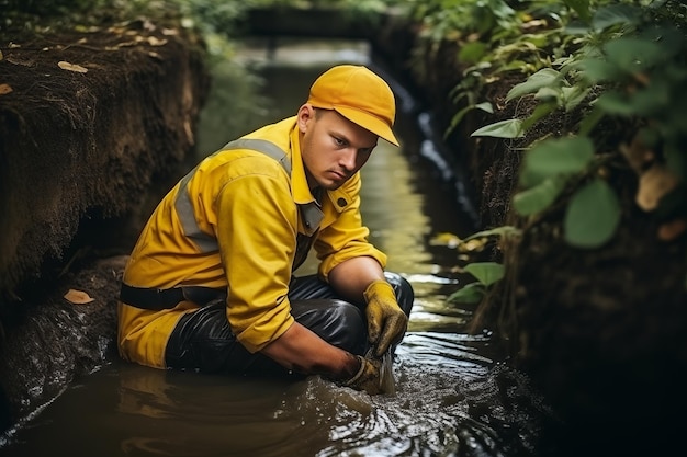 Foto ein arbeiter in gelber uniform reinigt einen abflusskanal