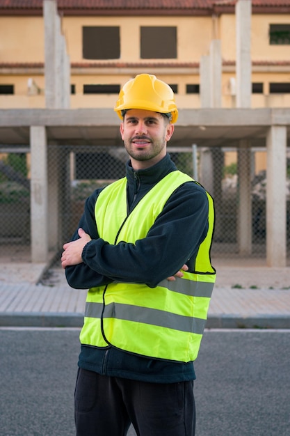 Ein Arbeiter mit Warnweste und gelbem Helm lächelt und blickt in die Kamera, während im Hintergrund eine Baustelle zu sehen ist