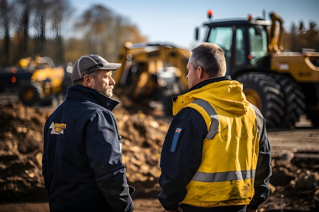 ein Arbeiter oder Ingenieur mit einem weißen Helm mit einem Plan auf einer Baustelle im Hintergrund