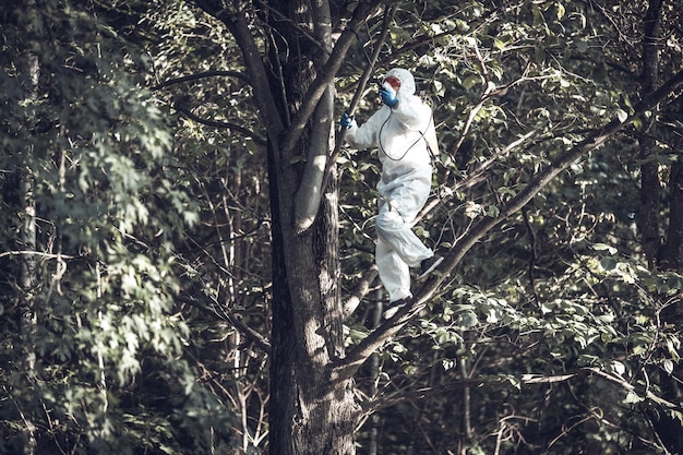 Foto ein arbeiter sprüht pestizide auf bäume im freien