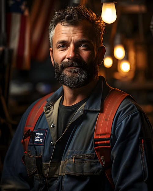 Ein Arbeiter steht mit seinem Angestelltenanzug mitten in seiner Werkstatt