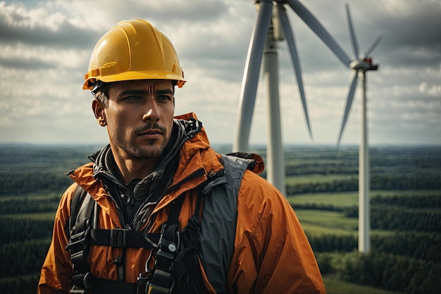 Ein Arbeiter steht über einer Windkraftanlage in einem Kabelbaum