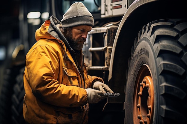 Ein Arbeiter überprüft die Bremsen eines Müllwagenes vor dem Best Dump Truck Bild