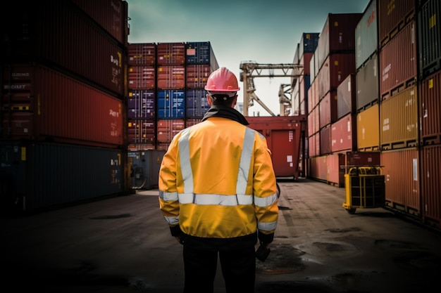 Ein Arbeiter untersucht und geht auf dem Hafen voll mit Containern Logistik und industrielles Konzept