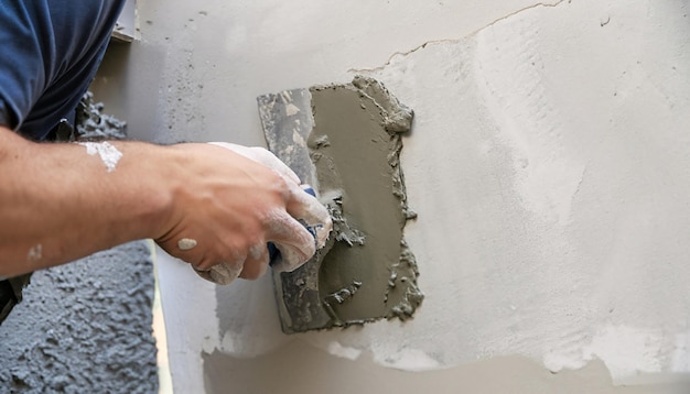 Foto ein arbeiter verputzt eine wand mit einem spatula-close-up