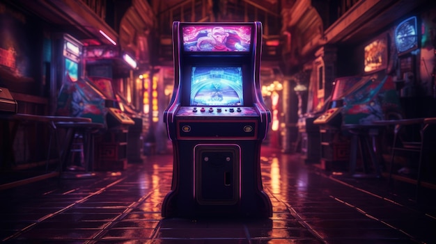 Ein Arcade-Automat mit Neonlichtern steht darauf