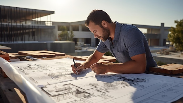 Ein Architekt untersucht Baupläne auf einem Dach und überwacht ein Bauvorhaben im Freien, was seine Expertise und sein Engagement für exzellente Gestaltung widerspiegelt