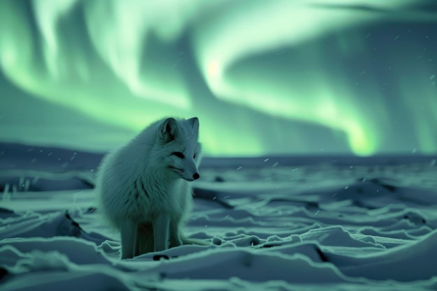Ein arktischer Fuchs in einer schneebedeckten Landschaft unter dem Polarlicht