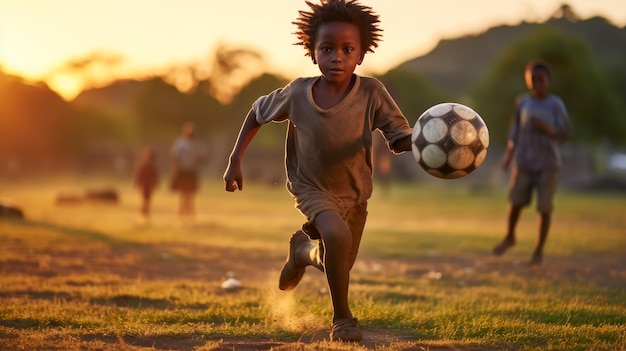 Ein armer, beggarischer, talentierter, glücklicher, schwarzer afrikanischer Junge spielt in seinem Dorf Fußball mit einem Fußball.