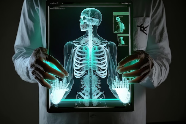 Ein Arzt, der eine Tablette mit einem Skelett auf dem Bildschirm in seinen Händen hält Anatomie