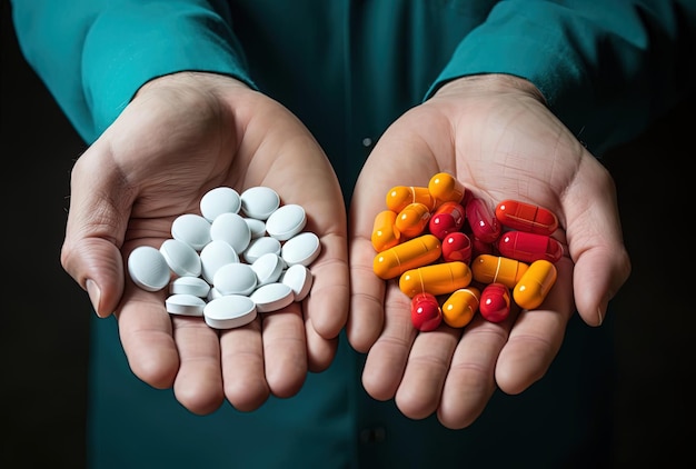 ein Arzt, der farbige Pillen in den Händen hält, im Stil eines Fotos, das mit Provia aufgenommen wurde