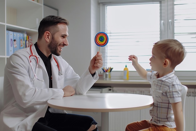 Ein Arzt gibt einem Kinderarzt in seinem Büro einen Lolli