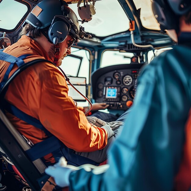 ein Arzt in einem medizinischen Hubschrauber, der einen verletzten Menschen heilt Nationaler Arzttag und Weltgesundheitstag