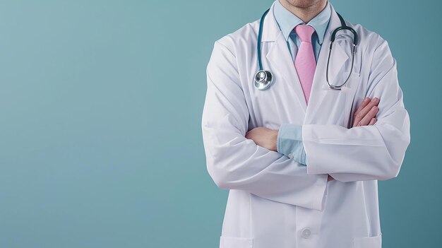 ein Arzt mit einem Stethoskop am Hals steht gegen einen blauen Hintergrund