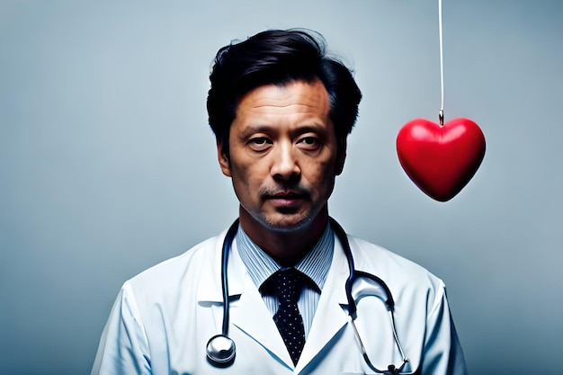 Ein Arzt mit einem Stethoskop in der Hand steht vor einem roten Herzen.