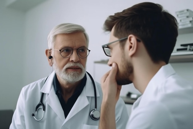 Ein Arzt spricht mit einem Patienten mit einem Stethoskop um den Hals
