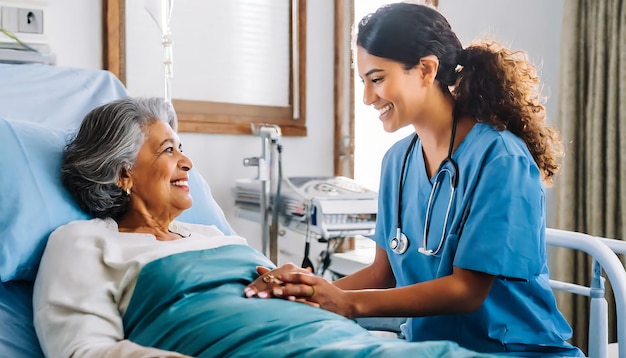 Foto ein arzt spricht mit einer älteren frau in einem krankenhausbett