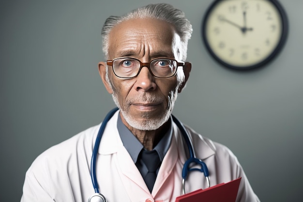 Ein Arzt steht vor einer Uhr mit der Uhrzeit 12:00.