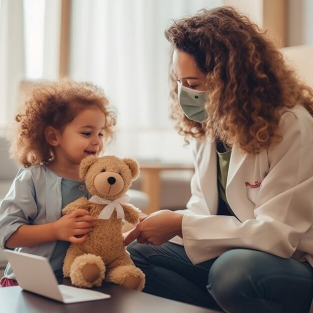 Ein Arzt und ein Kind sitzen auf einer Couch, tragen eine Maske und halten einen Teddybären.